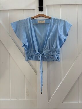 Time After Time Sky Blue Flutter Sleeve Double Tie-Front Crop Top Cottage Blouse